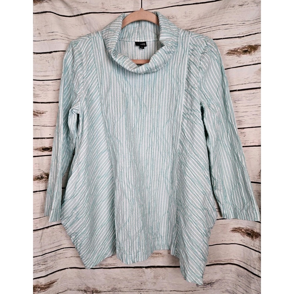 Lisa Bayne Blue Striped Textured Top S Womens Lagenlook Funnel Neck Pockets